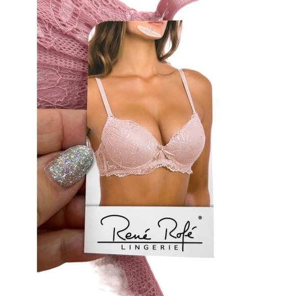 Rene Rofe Pink Push-Up Bra 36C Padded Cups Lace Overlay Adjustable,  Ribbon Bow - Picture 16 of 16